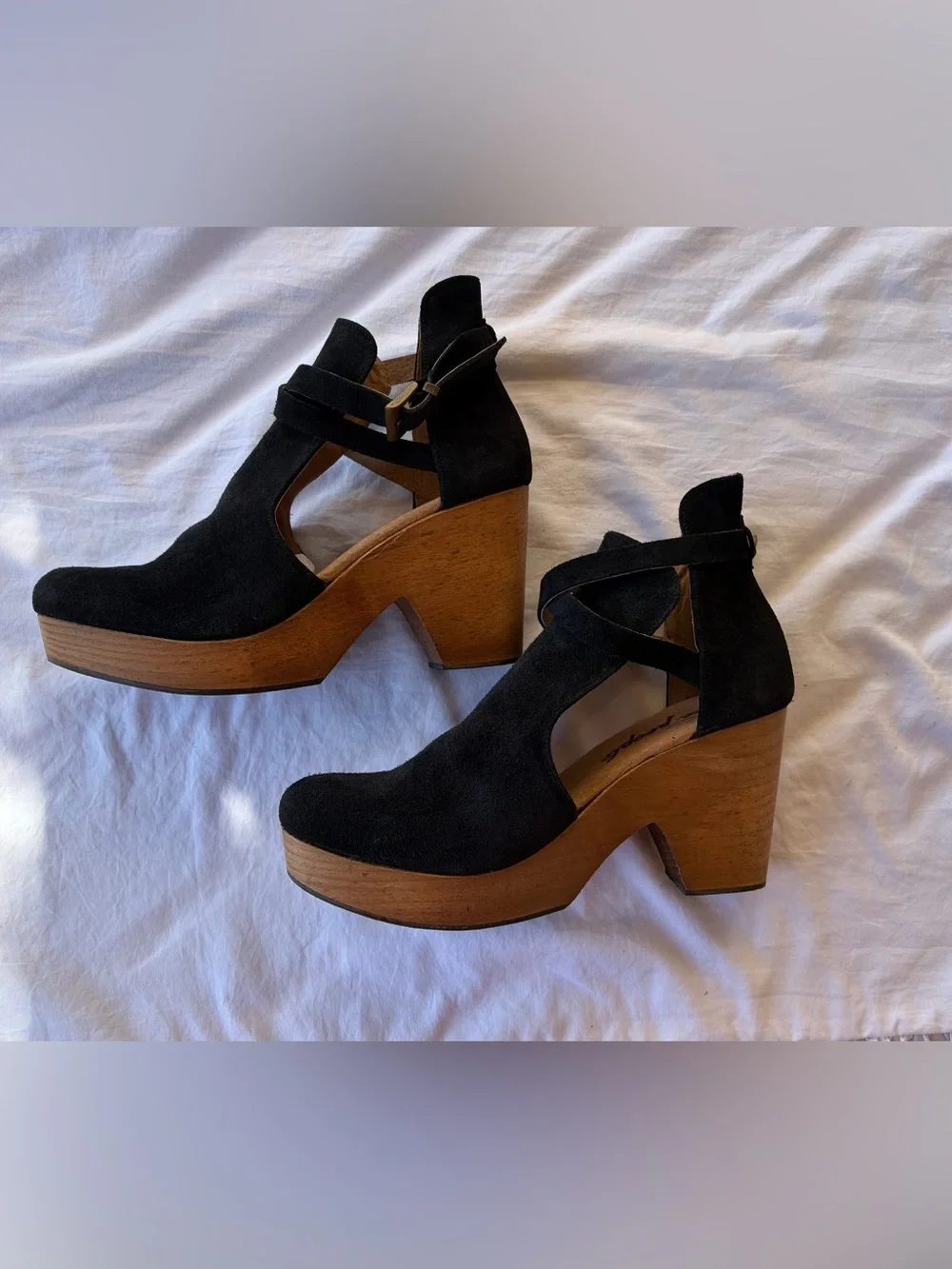 Free People NWOT Black Suede Platform Clog Heels Wooden Sole Sz 40